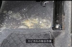 車内でカビが発生し、当社で車内クリーニングさせて頂いたカビ取りの様子